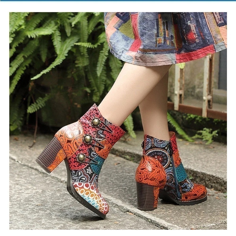 Johnature Leather Mixed Colors Boots Shoes Zip Round Toe Sewing High Heel Ankle - Picture 2 of 16